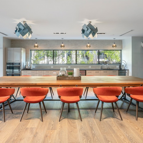 Emery Flats in Woburn, Resident Work Space  Conference room with large table, flatscreen TV and oversized windows. Glass doors to lounge area