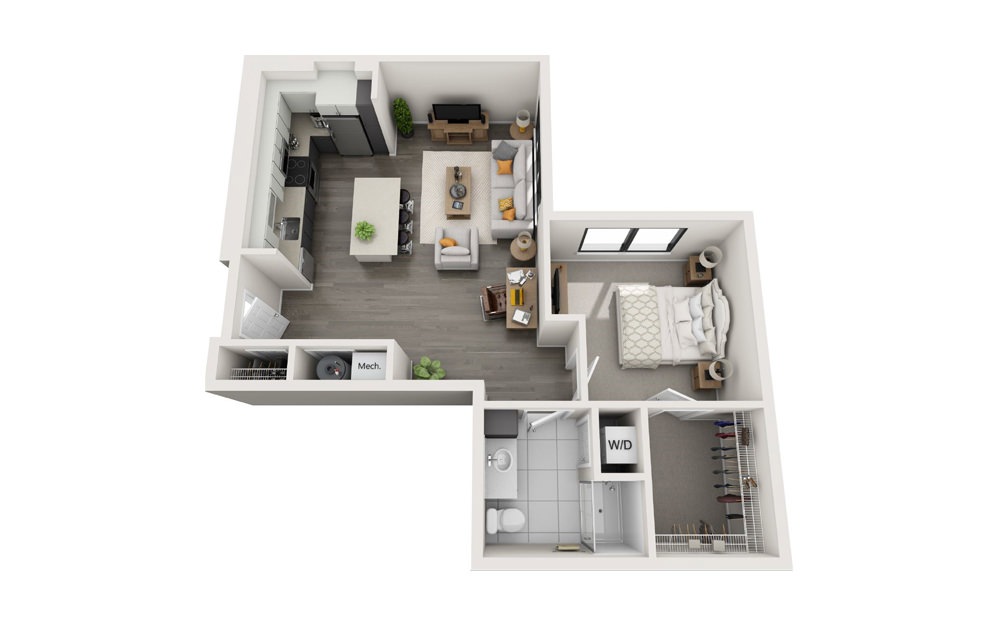 Wright Modified - 1 bedroom floorplan layout with 1 bath and 884 square feet.